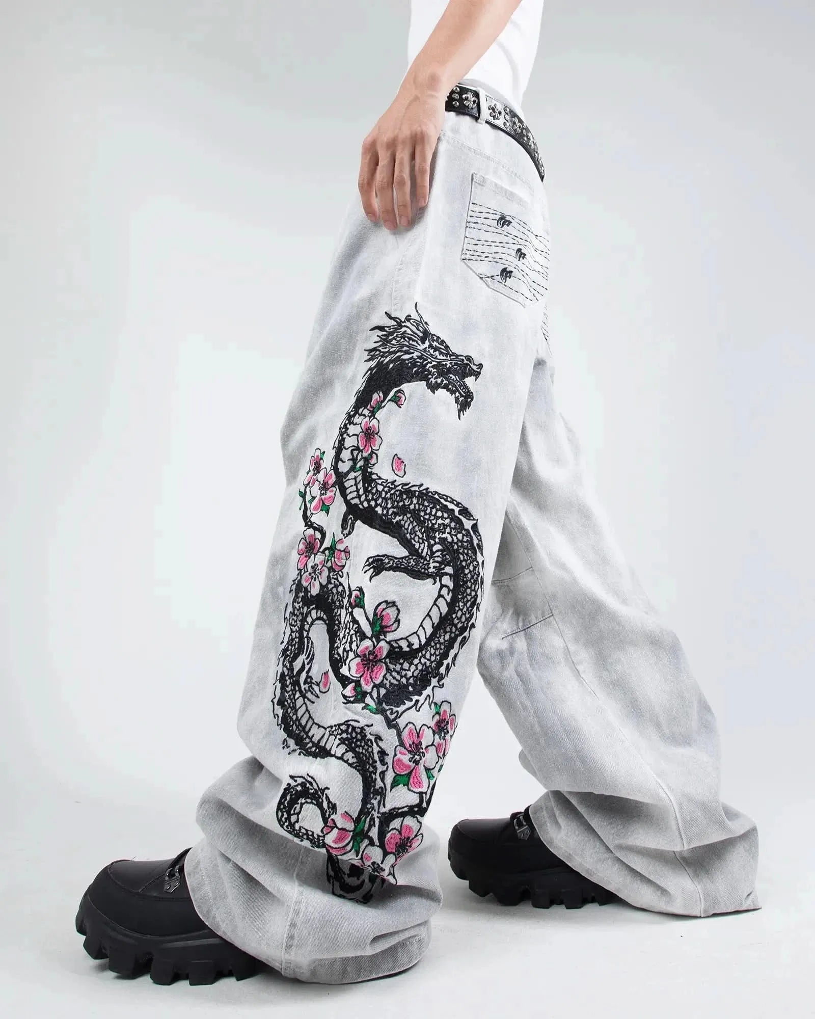 Street Samurai Dragon Jeans (white)